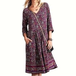 Garnet Hill Purple Floral Print Viscose Midi Dress Boho Chic Cottage Relaxed Fit